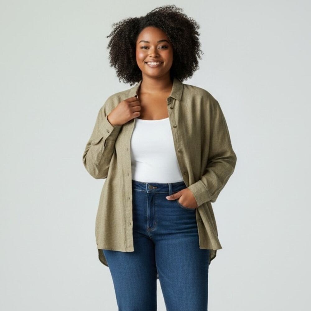 Eileen Fisher 100% Organic Linen Button Front Shirt Women's Sz 3X Green Casual